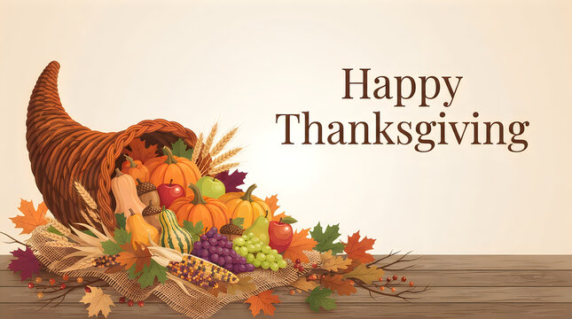 Thanksgiving happiness greeting, traditional autumn cornucopia filled with fruits, vegetables, and harvest leaves on rustic wooden background thanksgiving