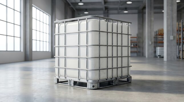 Large plastic liquid container inside a metal cage on a wooden pallet in an empty industrial warehouse. ibc container