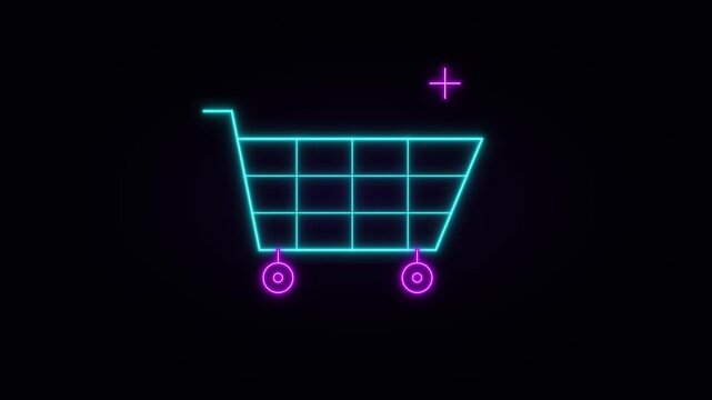 Neon shopping cart icon animation with plus and minus symbols for e-commerce ui glowing