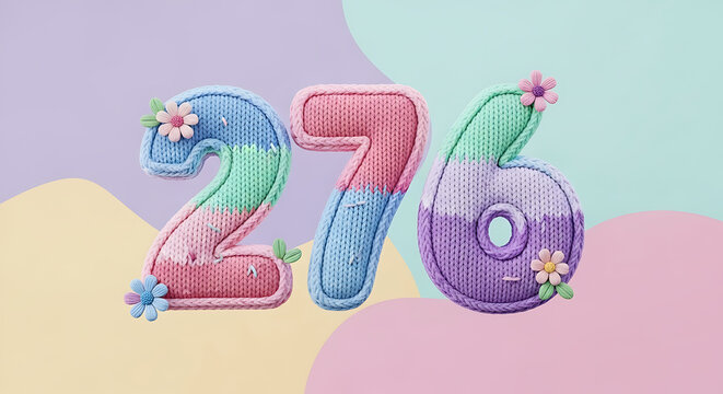 Knitted numbers 276 in pastel color blocks, decorated with sweet flowers and green leaves.