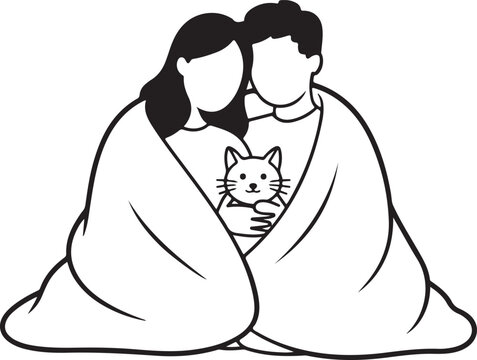 Couple with cat wrapped in blanket black and white vector illustration