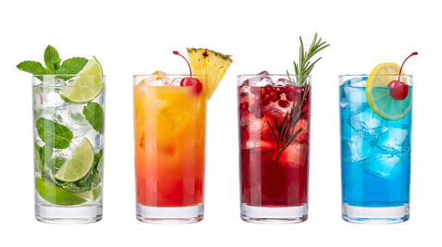 Four colorful refreshing cocktails with garnishes on white background, png on isolated, transparent background