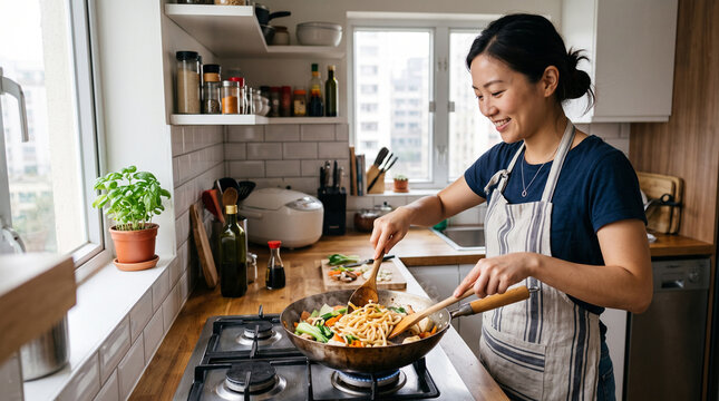 Asian woman happily cooking noodles and vegetables in a wok on a gas stove in a modern kitchen