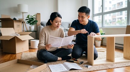 Obraz premium Couple Assembling Flat Pack Furniture Together Reading Instructions and Using Tools Indoors