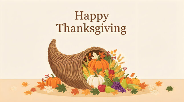 Happy Thanksgiving greeting card design template. Autumn cornucopia overflowing with pumpkins, fruits, vegetables, and harvest leaves. Vintage retro style color palette for print and digital.