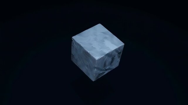 Transparent ice cube rotates slowly above dark surface showing frosted crystalline texture, reflective facets, and subtle shadows in minimal black environment with cool lighting and centered
