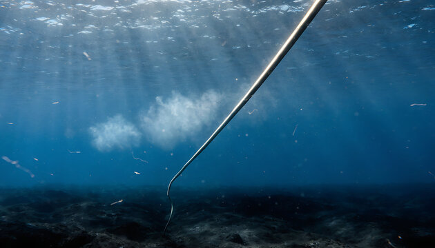 Underwater view of a fishing spear line descending into the deep blue ocean sea water