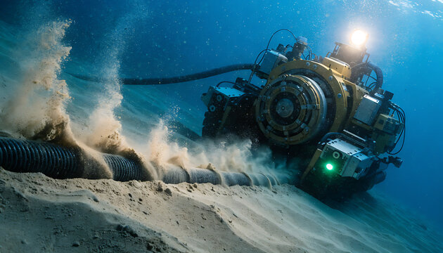 Underwater ROV robot dredging and inspecting a subsea pipeline on the ocean floor