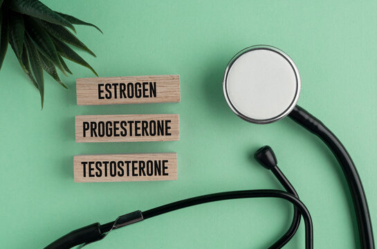 Stethoscope and stick with the words estrogen progesterone and testosterone. reproductive hormones that play significant roles in sexual development and reproductive