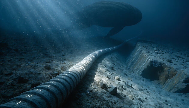 Submarine fiber optic cable lying on the deep ocean floor for global internet connection.