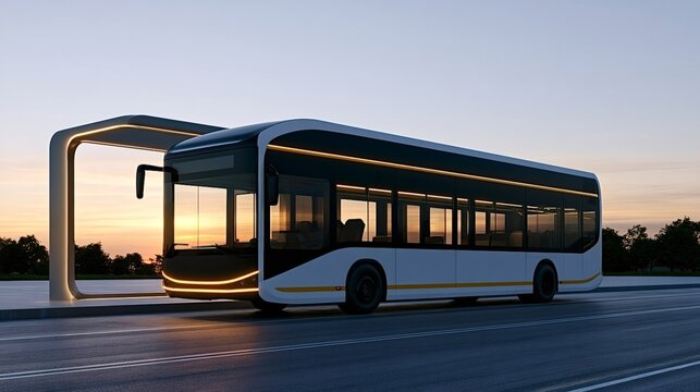Electric bus receiving power at a modern charging station, representing sustainable public transport, smart city infrastructure, and eco friendly urban mobility under a clear evening sky