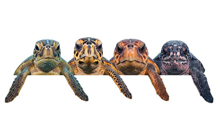 Four sea turtles facing forward with detailed shells and faces png on isolated transparent background © PNG Studio 99
