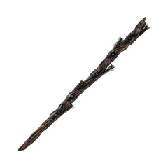 Fototapeta premium A twisted wooden wizard staff with dark leather bindings and metal studs along the shaft isolated on a transparent background