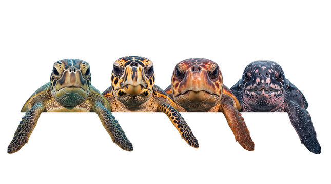 Four sea turtles facing forward with detailed shells and faces png on isolated transparent background