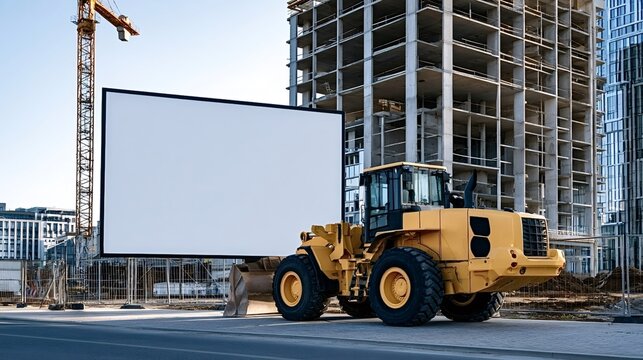 Yellow wheel loader parked in front of a blank white billboard with a crane and an unfinished building under construction in the background, offering advertising space