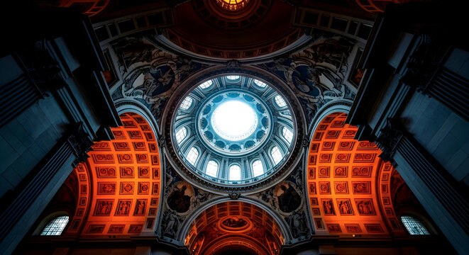 Cathedral Dome Interior with Bright Oculus and Painted Frescoes