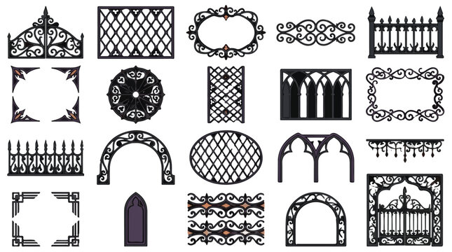 Vintage wrought iron ornaments set, 20 black metal architectural elements, gothic gate and fence vectors for classic design