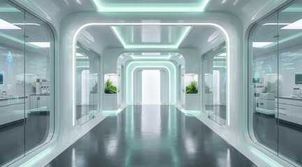Obraz premium Minimalist symmetrical science facility corridor featuring glowing green ceiling panels