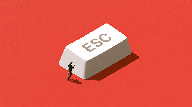 Tiny businessman run away from a giant white computer key with escape text label on a vibrant red background symbolizing work pressure