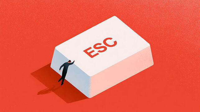 Minimalist conceptual illustration showing a tiny businessman pushing a massive computer keyboard key with esc text on a vibrant red background
