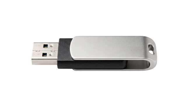 Metallic usb flash drive isolated on white background showing modern portable data storage device hardware design
