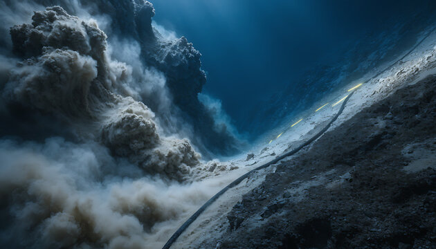Underwater volcanic eruption with dark smoke plumes rising from the deep ocean floor