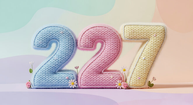 Adorable knitted numbers 227 in soft pastel shades of blue, pink, and yellow, adorned with daisies and roses, on a gentle background