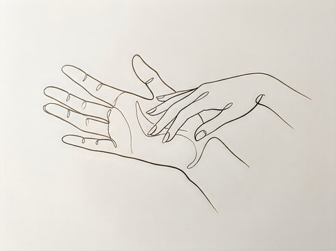 Two hands touching in a continuous line art drawing