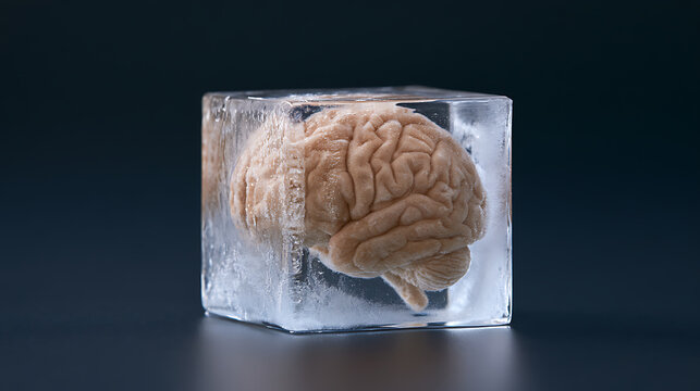 Conceptual studio image showing a human brain frozen solid inside a clear block of ice on dark background symbolizing mental block or stress