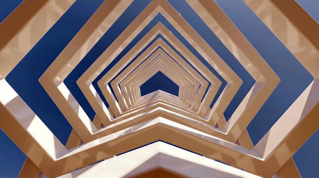 Abstract white pentagonal geometric tunnel reaching towards clear