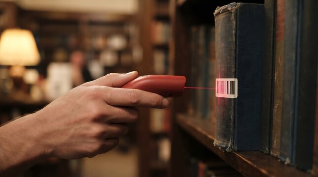Hand using red barcode scanner on book spine in wooden library shelf with warm lamp light, illustrating cataloging, inventory management, and technology integration in traditional study setting
