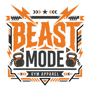 Beast mode typography vector illustration with kettlebell lightning bolt workout quote for gym apparel design