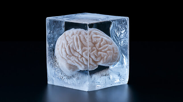 Human brain frozen inside a clear ice cube on a dark background, representing mental block, cold logic, memory loss, and cognitive freeze