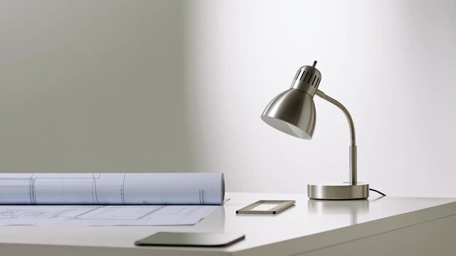 Desk lamp illuminates minimalist workspace with notebook and tablet on white desk surface, showing quiet office setup under soft indoor lighting with clean composition and modern interior details