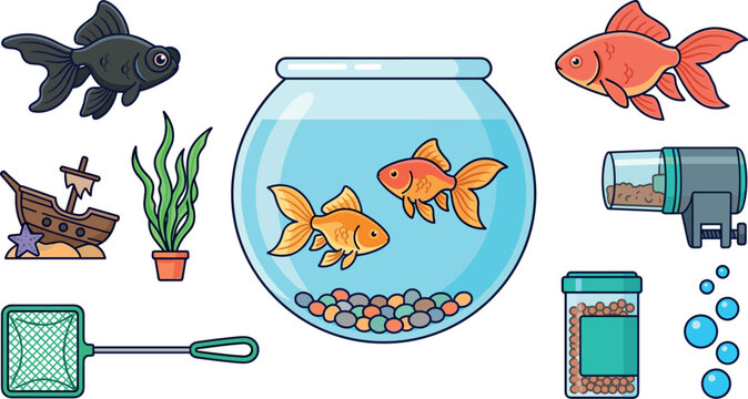 Aquarium and Pet Goldfish Vector Set with Glass Fishbowl Black Moor Fish Food Net Filter and Shipwreck Decoration Icons