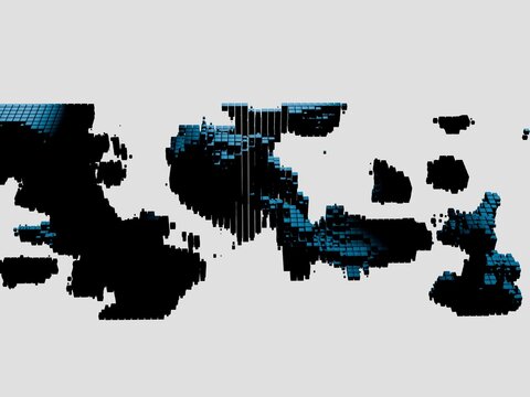 An abstract digital landscape depicting a sprawling terrain formed by black and dark blue voxel blocks against a light background