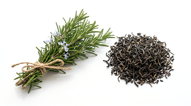 Rosemary and Black Tea Leaves isolated