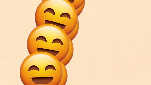 Smiling emoji icons move downward in vertical sequence on soft beige background, showing rounded faces with changing positions and minimal composition for digital communication and playful designs