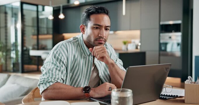 Remote work, home and man with laptop, decision and research for article publication or copywriting. Freelancer, reflection and person with technology, email marketing and editing blog post in house