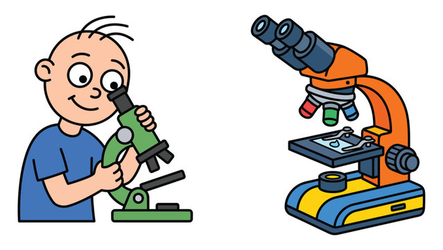 Smiling boy using a child-friendly microscope for baby drawing book  