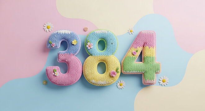 Whimsical 384 numbers crafted from soft knitted yarn in pastel colors with delicate flower accents on a wavy backdrop