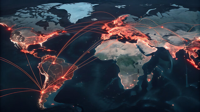 Global digital network map showing interconnected data flow and international connectivity.