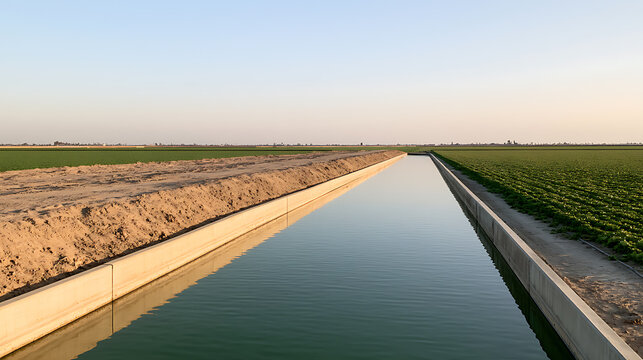 Concrete agricultural irrigation canal passing through lush green crop fields under a clear blue sky during calm daytime lighting conditions