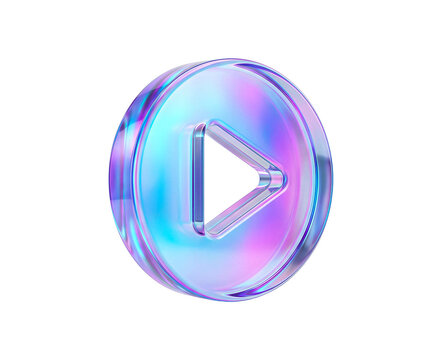 A vibrant iridescent play button icon showcasing a sleek and modern design isolated on transparent background