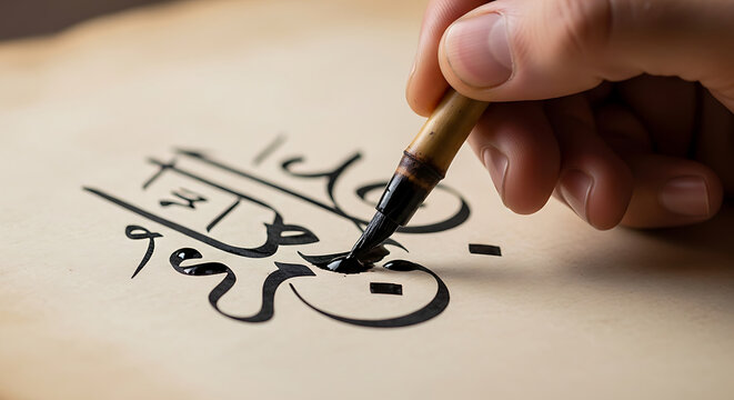 Hand writing arabic calligraphy with a pen - Close-up of a hand carefully writing elegant Arabic script on a plain surface with a traditional pen.