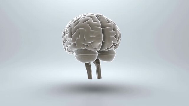 Brain model rotates slowly in minimal bright studio space showing detailed anatomical shape with smooth movement, soft shadows, and neutral background for science, education, and medical concepts