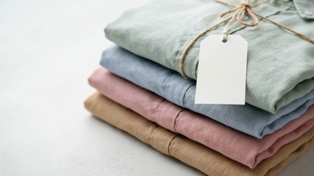 Stack of four folded linen shirts in pastel colors with blank price tag