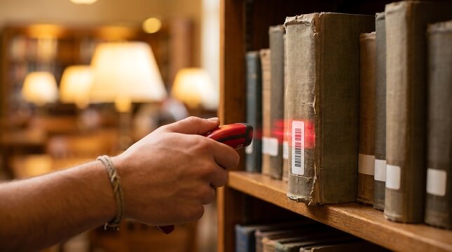 Person scanning book barcode with red laser scanner in library aisle bookshelf background, inventory check or cataloging process in academic or public library setting.