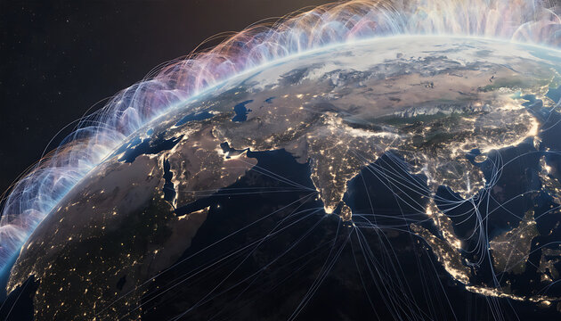 Earth globe view from space with digital network connection lines and glowing city lights