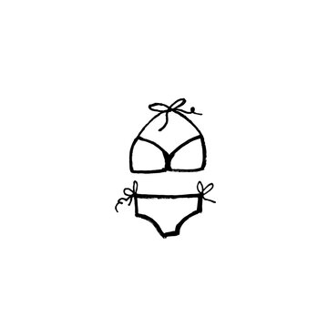 Hand Drawn Bikini Doodle Sketch, Halter Top and Tie Side Swimsuit Outline, Minimalist Beachwear Fashion Illustration on White Background